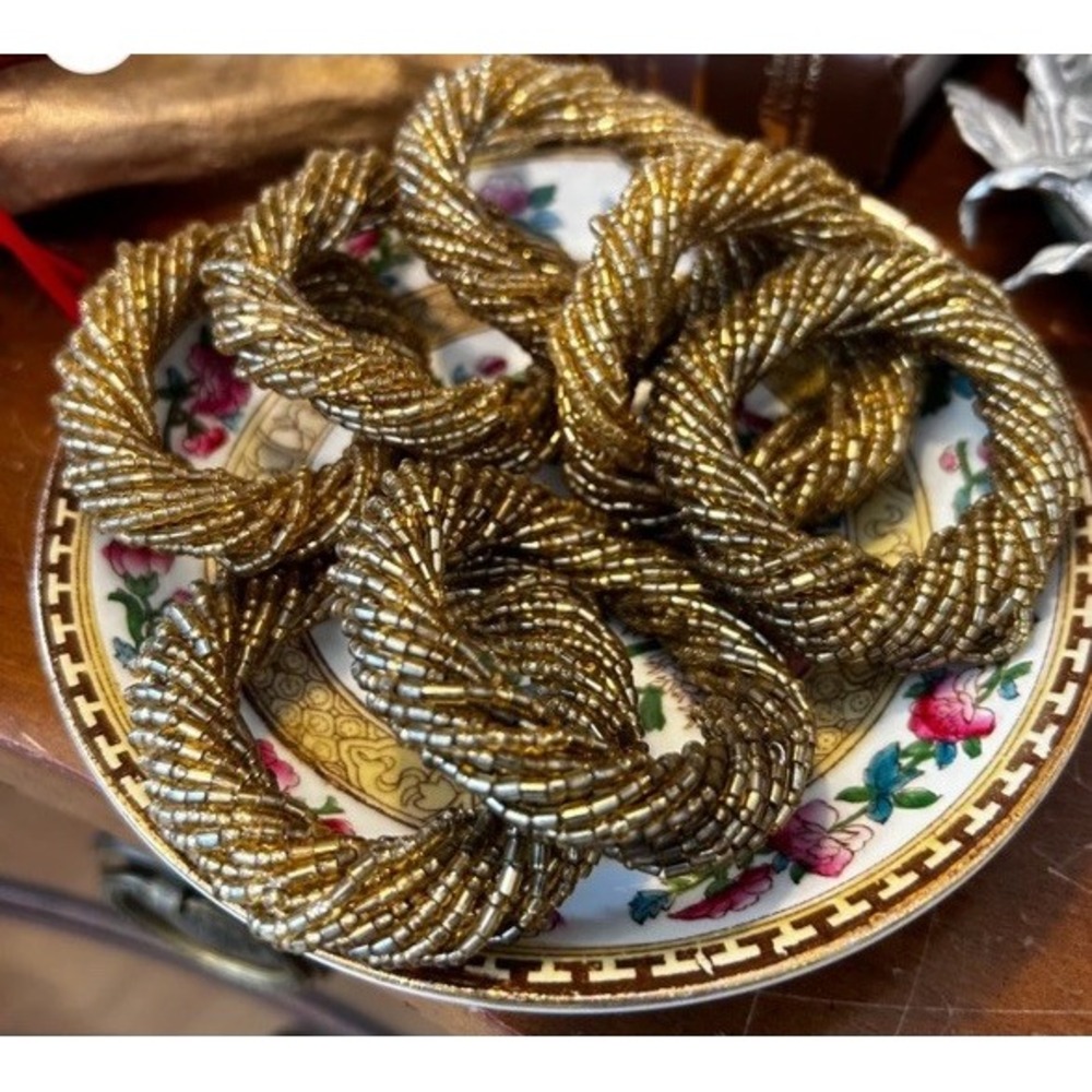 Set of 7 Vintage Beaded Napkin Rings with Tiny Seed Beads‎ Silver Gold India EUC